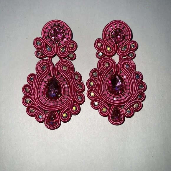 Elegant Hot Pink Fabric Earrings Crystals Stones Dangle Drop‎ Handmade Elegant - Picture 1 of 4
